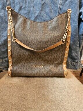 Michael Kors Brown Logo Shoulder Bag with Tan Trim and Gold Studs